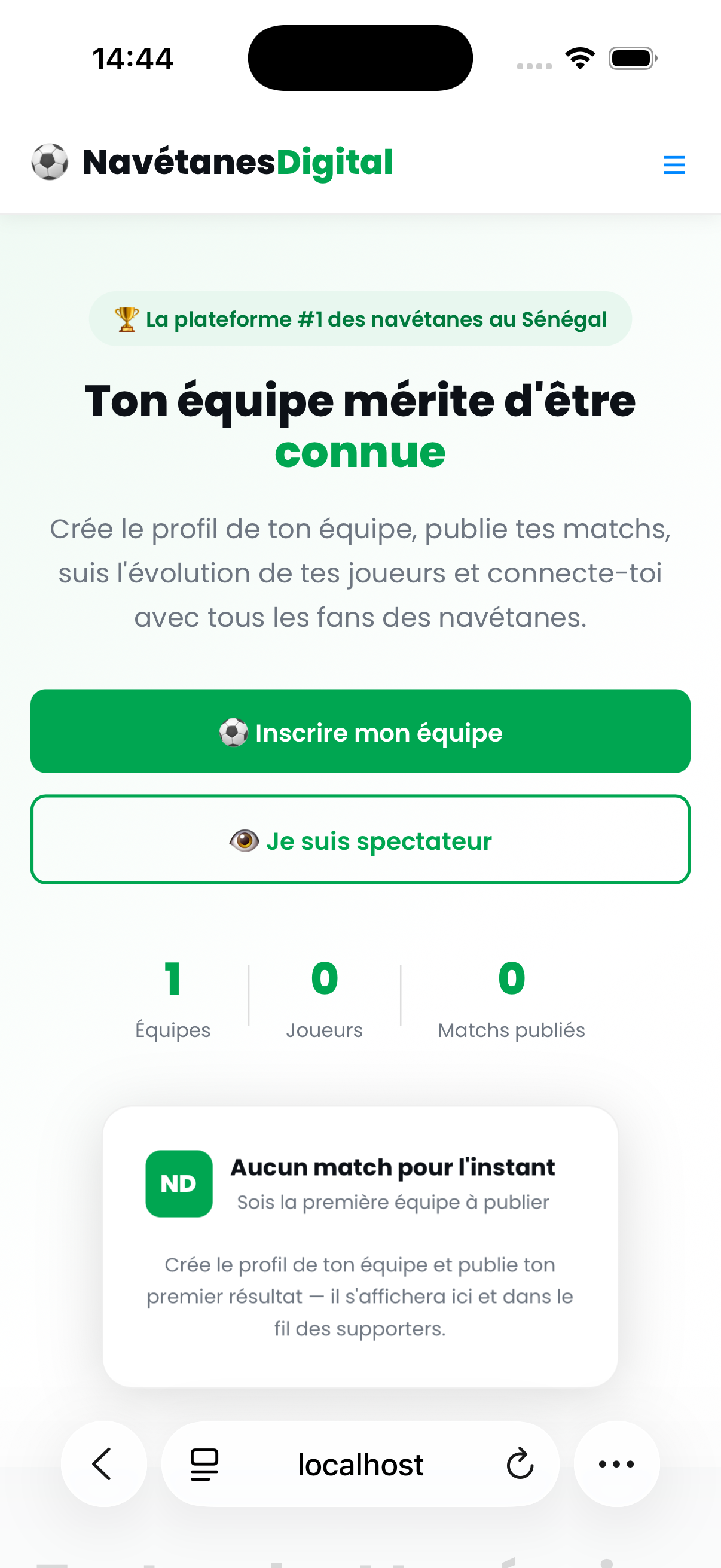 Écran d'accueil de l'application Navétane